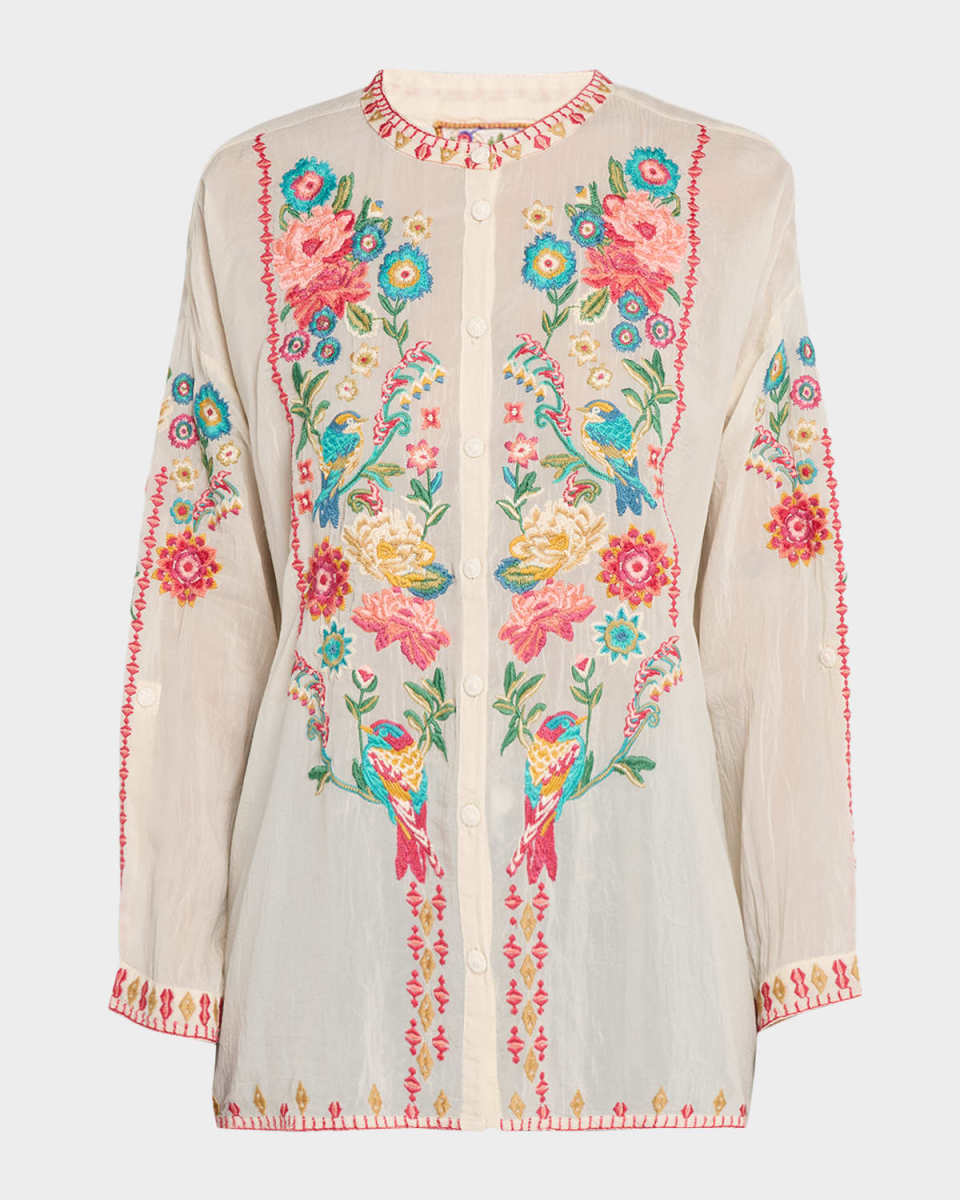 Audrey Embroidered Mandarin-Collar Shirt
